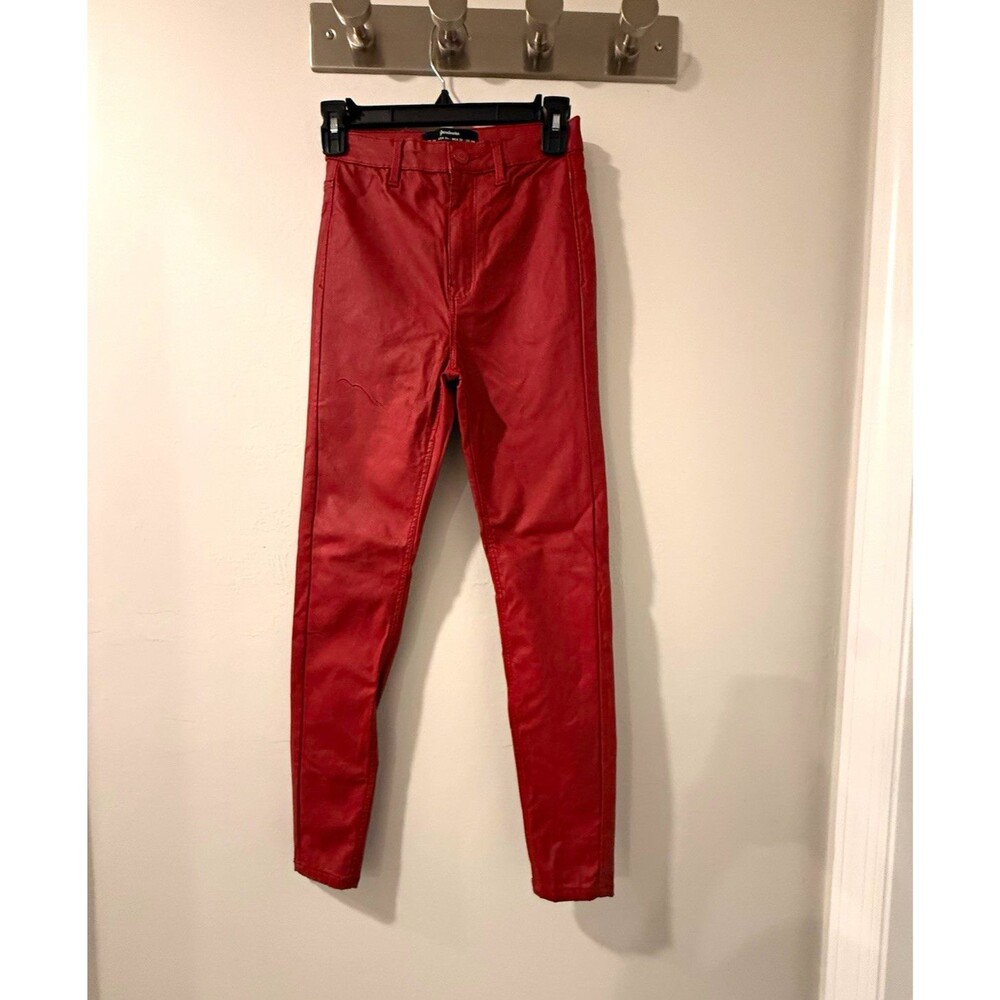 Stradivarius Women’s Red Faux Leather Slim Mid Rise Skinny Pants Pockets 28"